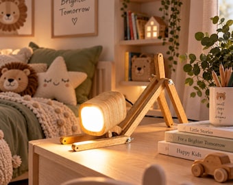 Kids Wooden Bedside Lamp, Adjustable Dog Reading Light, Handmade Nursery Desk Lamp, Wood Nightstand Light for Childrens Room