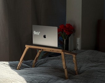 Wooden Laptop Desk for Bed & Sofa, Adjustable Laptop Stand Table, Ergonomic Lap Desk for MacBook, Foldable Bed Tray, Work From Home Gift