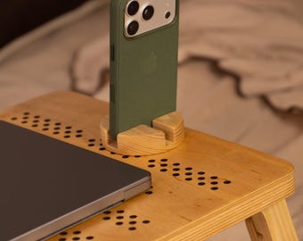Wooden Laptop Table with Perforated Surface, Adjustable Height, Acrylic Paint Finish