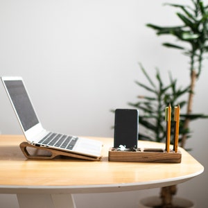 Wooden laptop stand for desk ergonomic, MacBook stand minimalist in walnut wood image 3