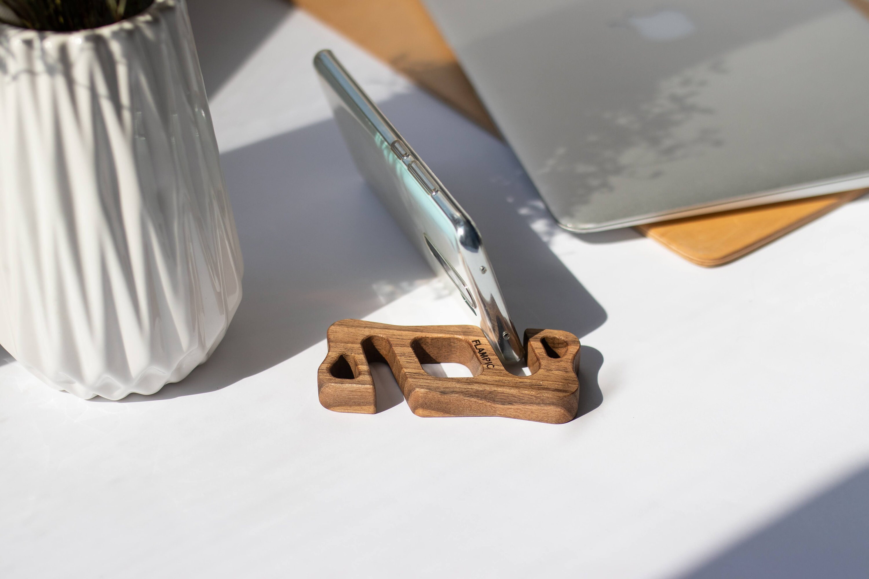 Phone holder for desk on wallnut wood for iPhone and Android Etsy