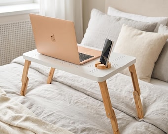 Wooden Laptop Desk: Adjustable Height, Bed Desk with Cooling Holes