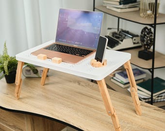 Escritorio portátil ajustable para portátil, patas de madera de fresno, escritorio portátil de pie