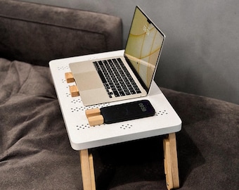 Wooden Laptop Table with Perforated Surface, Adjustable Height, Acrylic Paint Finish