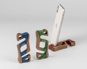 Wooden Phone Stand with Epoxy Resin, Walnut Smartphone Holder for Desk, Adjustable Cell Phone Stand, Gift for Him