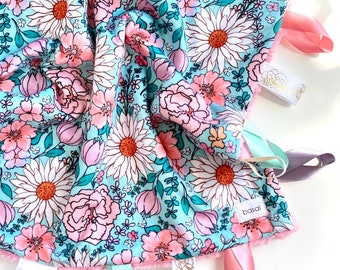 Personalized Aqua pink floral Minky Lovey, Baby Girl Minky Blanket, Embroidered Security Blanket, Ribbon Tag Sensory Lovey, Toddler, Trendy