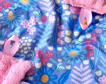 Floral Minky Ribbon Tag Lovey, Baby Girl Sensory Security Blanket