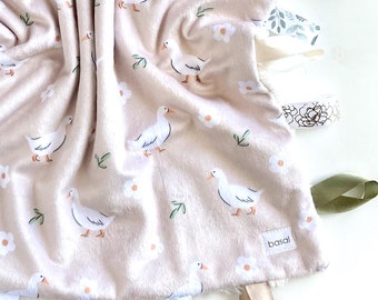 Baby Lovey- Goose Baby Girl Lovey- cuddle Minky Lovey Blanket- Floral Goose- Gender Neutral Blanket- Embroidered- Sensory Tag Ribbon Blanket