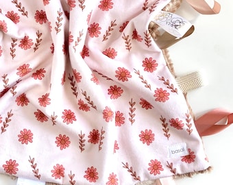Baby girl minky floral blanket, Ready to ship minky sensory lovey blanket with satin ribbon tags, minimalist new mom baby shower gift
