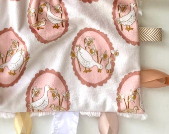 Goose Sensory Tag Minky Lovey Blanket for Baby Girl- Minky Security Blanket with Ribbon Tags- Personalized Newborn Blanket Name Embroidery