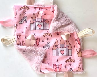 Pink Lovey- Minky Lovey Blanket- Pink Princess Security Tag Blanket- Sensory Tag Lovey- Mini Lovey- Cuddle Lovey- Baby Girl Shower Gift