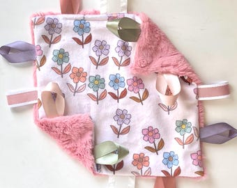 Minky Lovey- floral baby blanket- Baby girl lovey- colorful security blanket- tag lovey blanket- baby shower gift- newborn sensory blanket