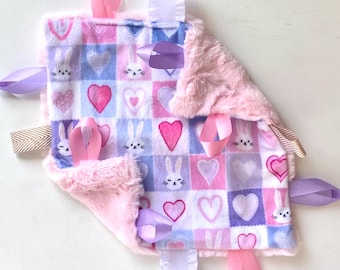 Lovey- Minky Lovey Security Blanket- Bunny and hearts lovey- Pink and purple lovey- mini lovey- sensory tag lovey- baby shower gift