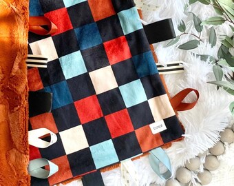 Checkerboard Lovey- Baby Boy Ribbon Tag Lovie- Cuddle Minky Security Blanket- Personalized Name Lovey- Blue Rust Black- Trendy Lovey Gift