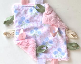 Chinoiserie Lovey- Minky Lovey- Mini Security Blanket- Baby Girl Floral Blanket- Satin Tag Lovey- Sensory Lovey- Pink bow lovey- baby gift