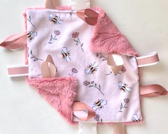 Minky Lovey- Pink Lovey- Bee and Floral Security Blanket- Satin Tag Baby Lovey- Sensory Baby blanket- Baby Girl Blanket- Mini Lovey- Cuddle