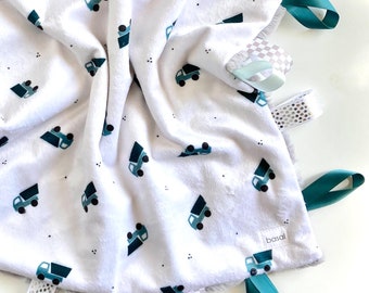 Baby boy Lovey- Minky cuddle Security Blanket- Construction dump Truck- Sensory Tag Ribbon Lovey- Baby boy Blanket- Teal, Grey