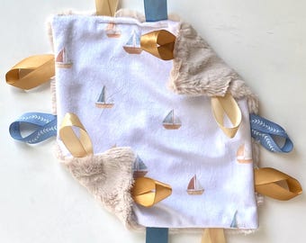 Nautical Lovey- Mini Lovey- Sailboat Minky Lovey- Tag Baby blanket- Baby Boy Lovey- Boats Lovey- Small Sensory Security Blanket