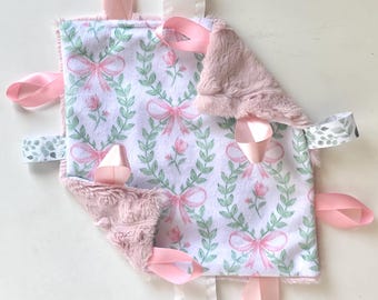 Lovey- Rosebud lovey, mini minky blanket, minky security blanket, mini lovey, heirloom blanket, baby girl gift- Chinoiserie Lovey, tag lovey