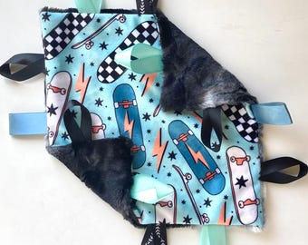 Skateboard Lovey- Minky Lovey- Mini Lovey Security Blanket- Tag Sensory Minky blanket- Baby Boy Lovey- New Baby gift- Cuddle Lovey