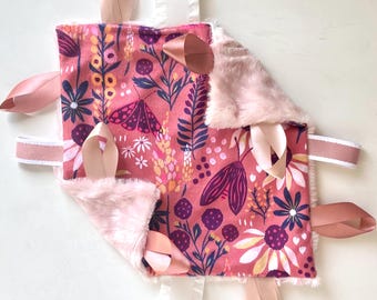 Mauve Lovey- Small Minky Security Blanket- Baby Girl Minky blanket- Moth Floral Minky Lovey- Satin Tag Lovey- Sensory Baby- Baby Shower Gift