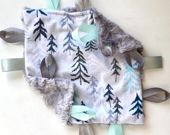Mini Lovey- Small Minky Tag Lovey, Baby Boy Minky blanket, Small minky blanket, minky security blanket, woodland lovey, grey and blue lovey