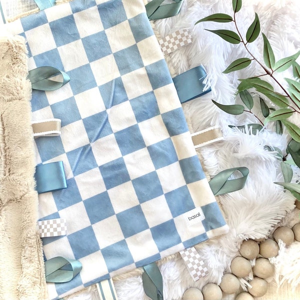 Lovey- Baby Boy- Blue Checkerboard Lovie- Tag Ribbon Lovey- Security blanket- Sensory Lovey- New Baby Gift- Embroidered Lovey- Cuddle Minky