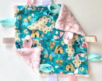 Baby Girl Lovey- Mini Minky blanket- Minky Security Blanket- Beehive lovey- New Baby Sensory Gift- Satin Tag Minky Lovey- Bee Nursery
