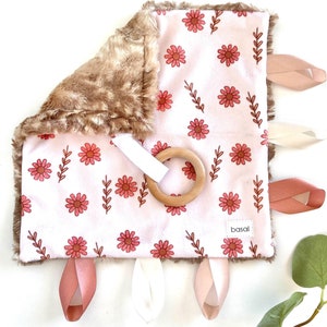 Teething Ring Lovey Blanket- Pacifier Security Blanket- Minimalist Floral Minky Tag Sensory Blanket- Baby Girl Cuddle Lovey- Neutral Blush