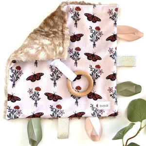 Baby Girl Neutral Teething Lovey Blanket- Minimalist Butterfly Minky Baby blanket- Wood Teething Ring- Newborn Girl Gift Sensory Tag Ribbon