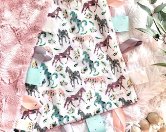 Floral Horse Minky Lovey, Personalized Baby Girl Floral Tag Ribbon Blanket, Ribbon Security Blanket, Pink Mauve, Sensory Toddler Blanket