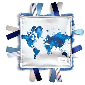 Blue Map Baby Boy Crinkle Tag Toy, Ribbon Sensory Play, Travel, Teething Toy, Pacifier Blanket, Satin Open Ended Play, Minky Lovey, Navy