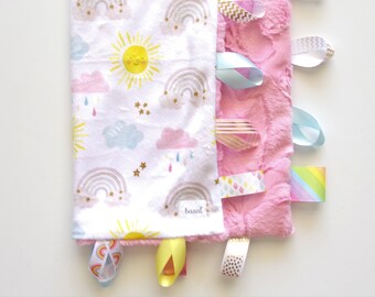 Pink Stripe Security Blanket Faux Fur Pink Blanket Baby Lovey Blanket Modern Baby Blanket Girls Minky Blanket Tag Blanket Ready to Ship