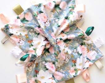 Baby Girl Tag Ribbon Blanket, Baby Girl Pink Floral Minky Blanket, Tag Security Blanket, Ribbon Baby Blanket, Sensory Blanket Baby Gift