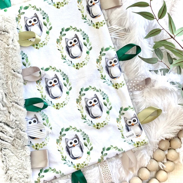 Lovey- Owl Minky Cuddle Blanket- Personalized Name Blanket- Ribbon Tag Lovie- Baby Child Toddler Boy- Embroidery- Sensoory Gift- Grey Green