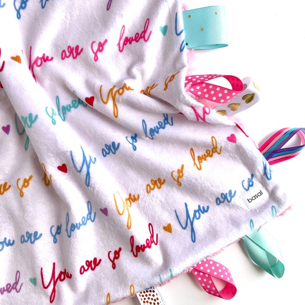 New Tag Minky Blanket for Baby Girls, You Are So Loved, Bright Sensory Baby Toddler Girl Blanket, Modern Ribbon Lovey, Baby Girl Shower Gift