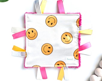 Smiley face baby toy, baby girl crinkle tag toy, pink, yellow, crinkle ribbon toy, sensory tags, happy crinkle baby paper, modern baby girl
