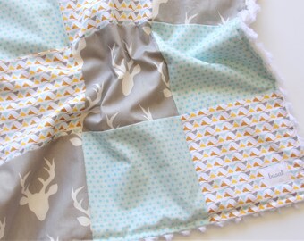 Deer Security Blanket, Baby Lovey, Baby Boy Minky Blanket, Grey and Blue, Natural Lovey Blanket, Baby Gift, Baby Boy, Woodland Nursery