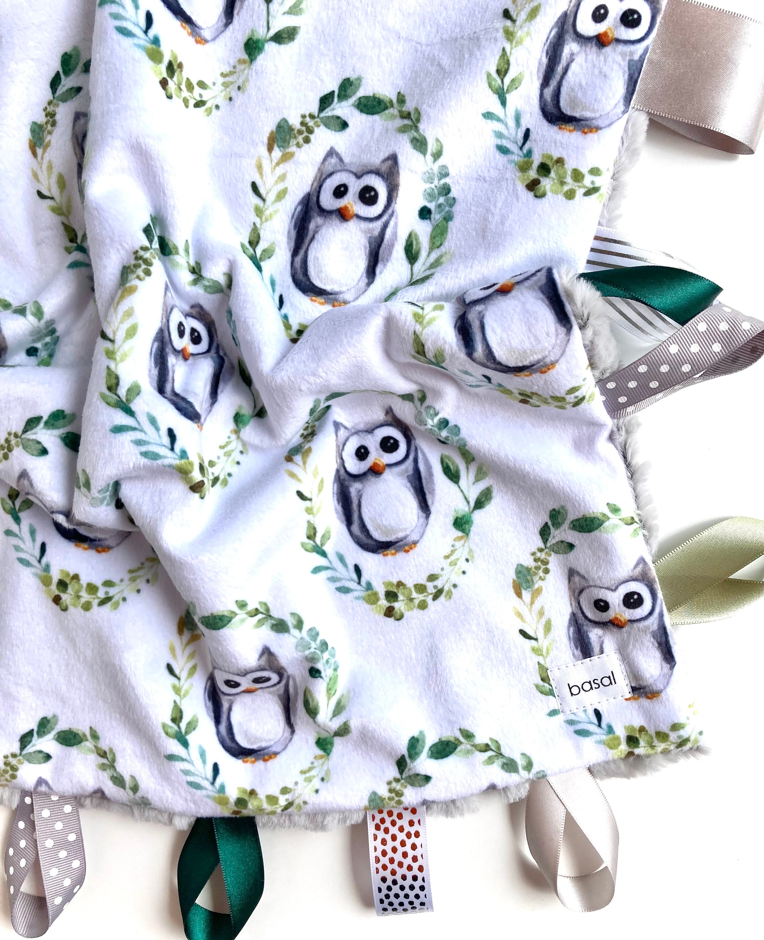 Woodland Owl Ribbon Minky Tag Lovey, Baby Boy Grey Minky Embroidered Blanket, Toddler Sensory Tag Bl