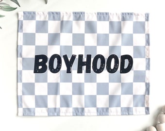 Blue checkerboard Boyhood Banner- Boyhood Wall Flag- Baby Boy Nursery Banner- Fabric Banner- Trendy Boyhood Tapestry- Baby Shower Gift