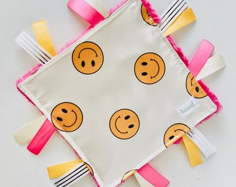 Smiley face baby toy, baby girl crinkle tag toy, pink, yellow, crinkle ribbon toy, sensory tags, happy crinkle baby paper, modern baby girl