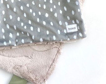 Green Cuddle Lovey- Dot Security Blanket- Baby Boy Blanket- Baby Minky Blanket- Tan and Sage Green- Ribbon Lovey- Personalized Green Minky