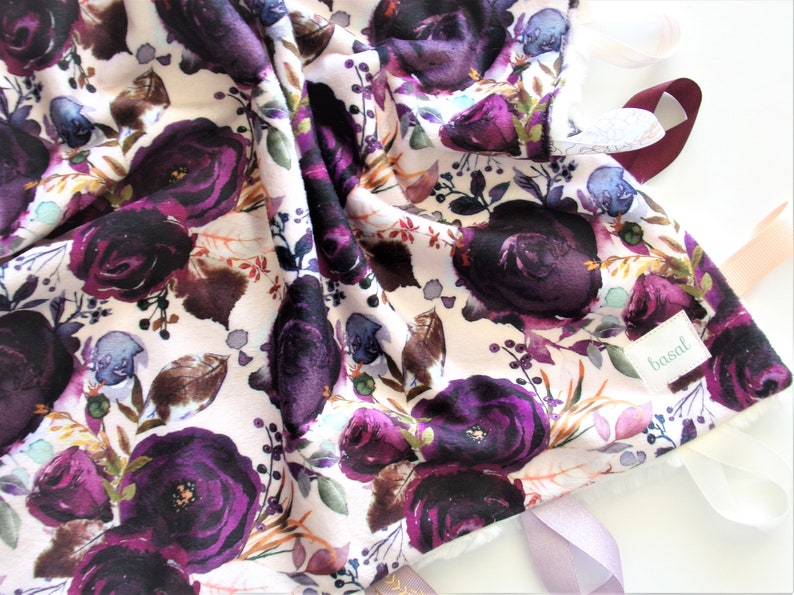 READY TO SHIP Purple Owls with Minky Dot Tag Minky Sensory Ribbon Blanket Lovey