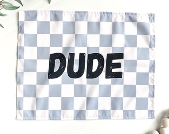 Dude Nursery Banner – Blue Checkerboard Kids Room Decor