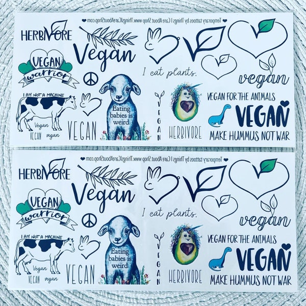 Herbivore - Deux sets de tatouages temporaires vegan. Tatouages éphémères végétaliens. Zéro déchet. Transferts végétaliens. Idées cadeaux végétaliennes.