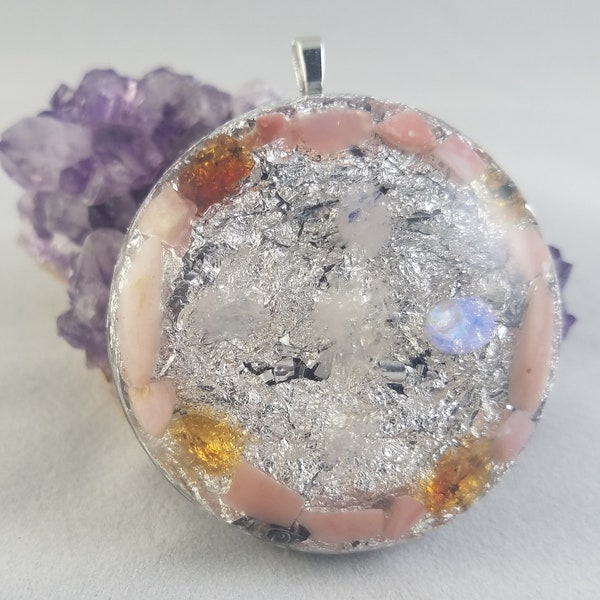 Orgone Positive Energy Pendant- Moonstone-Citrine-Pink Opal-Quartz-Phenacite-Copper coil-Shungite-Black Tourmaline