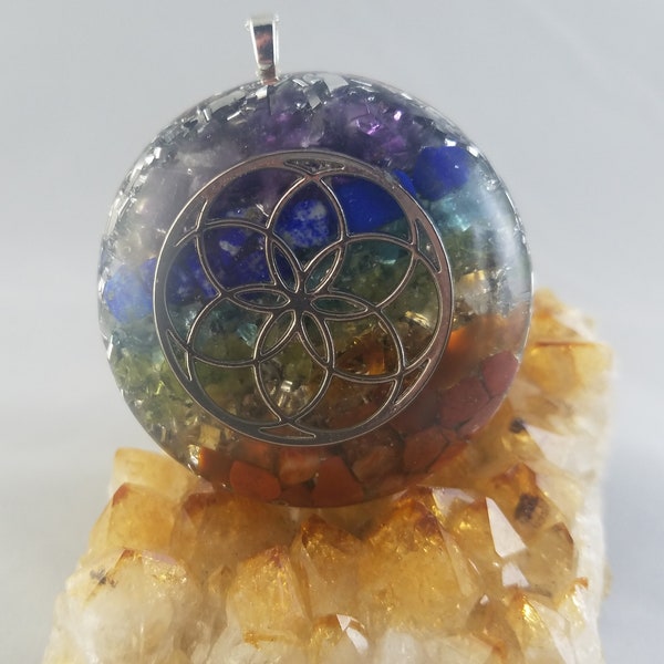 Orgone Positive Energy Chakra Pendant- Seed of Life-Quartz-Phenacite-Copper coil-Shungite-Black Tourmaline