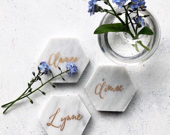 Marble place cards hand written in calligraphy