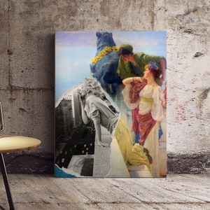 Puede incluir: Un collage de tres mujeres, una en blanco y negro, dos en color. La mujer en blanco y negro se inclina sobre un horizonte urbano. Las dos mujeres en color están de pie en un balcón, una con un tocado floral azul y amarillo, la otra con un vestido rojo y amarillo.