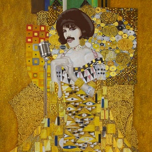 May include: A painting of a person with a microphone in front of them. The person is wearing a gold and black patterned dress and has a mustache. The background is a gold and black pattern.